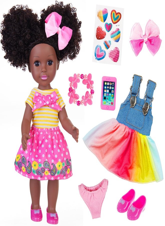 ZITA ELEMENT 14.5 Inch Silicone Black Doll Set Black African Baby Doll with Yellow Striped T-Shirt, Colorful Dress and Other Accessories as A Delightful Gift for Girls - Image 1